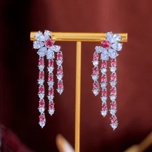 Elegante aretes colgantes con borla redonda flor roja circonita cúbica enchapados en plata para mujer - Imagen 1 de 8