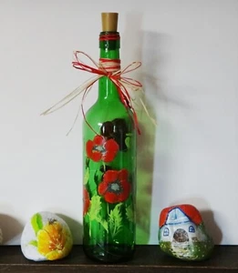 Deko Glas Flasche, Mohnblumen mit LED Beleuchtung, handbemalt, Glasmalfarben - Bild 1 von 4