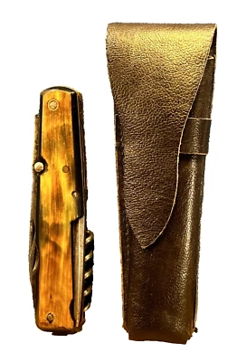Vintage  Rare Hand  Made  c.1937's  Horn Handles Multi-Tool Knife w/Leather case - Image 1 of 4