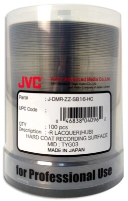 100-Pak JVC (made in Japan) 16X Shiny-Silver DVD-R's w/ HARD COAT RECORD SURFACE - Image 1 of 2