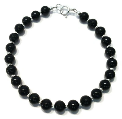 Black Onyx Bracelet in Sterling Silver, Natural Onyx Gemstone and Silver Beads - Image 1 of 4