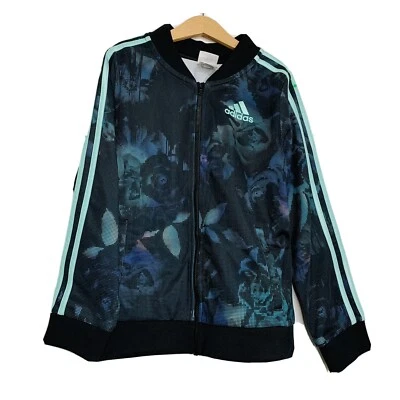 Adidas Niña Talla M 10/12 Negro Floral Cremallera Chaqueta con Flor Azul Cremallera Completa Foto 1 de 4