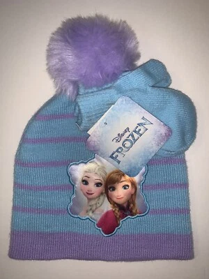 Disney Frozen Anna Elsa Tejido Invierno Gorro Gorro y Mitones Conjunto con Pompón Niño Pequeño  Foto 1 de 4