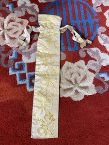Antique Victorian Yellow Brocade Silk Ribbon Fan Pouch - Picture 1 of 8
