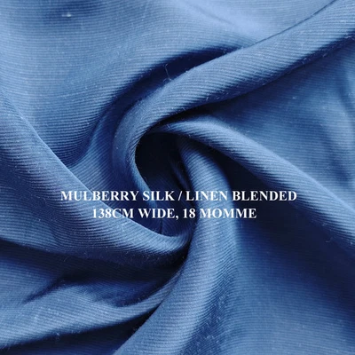 Natural Silk Linen Fabric 18 Momme 54'' Wide Blue Slubbed Silk Flax Material  - Image 1 of 4