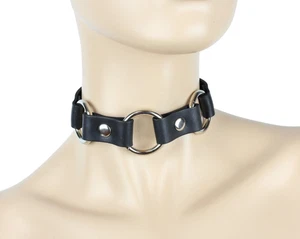 3 O Ring Sub Bondage Choker Gothic Punk Goth Sexy Fetish Black Leather Collar  - Picture 1 of 2