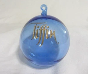 VINTAGE TIFFIN GLAS BLAU GLAS MUNDGEBLASEN RUND KUGEL ORNAMENT GOLD BUCHSTABEN - Bild 1 von 2
