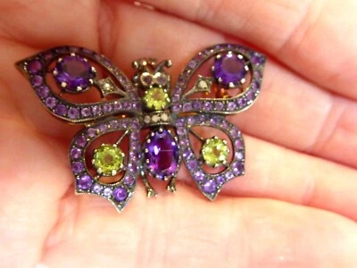 Silver Vermeil Amethyst, Peridot & Diamond Suffragette Colours Butterfly Brooch - Image 1 of 4