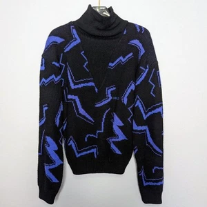 Head Sportswear Vintage 80's Black Blue Zig Zag Pattern Turtleneck Ski Sweater - Picture 1 of 8