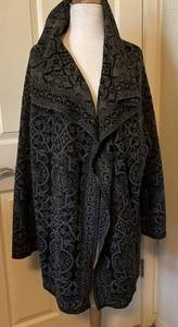 Peruvian Connection Artsy Open Cardigan Sweater L Baby Alpaca Silk Black Green - Picture 1 of 10