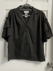 Pitchfork Brand Vintage Women’s Button Up Blouse Large Black Ruffle Sleeves Boxy - Picture 1 of 5