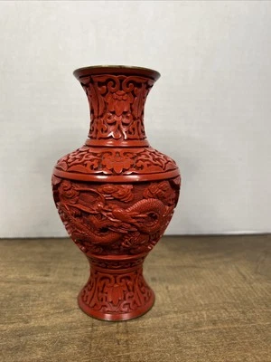 Vintage Chinese Red Cinnabar Fine Hand Carved Dragon Lacquer Brass Vase Enamel - Image 1 of 4