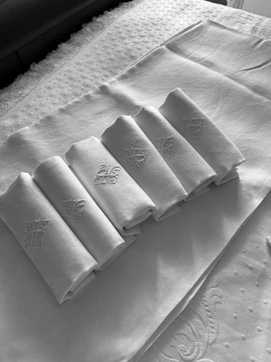 Linge Ancien 6 Serviettes De Mariage  Décor Sublime Monogramme  Central A P - Photo 1/4