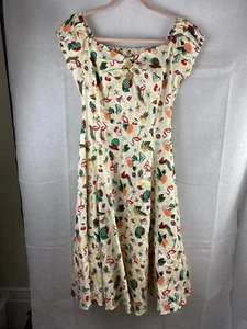 Collectif UK 12 / M Dolores Doll Atomic Flamingo Print Swing Dress Cream Retro - Picture 1 of 18