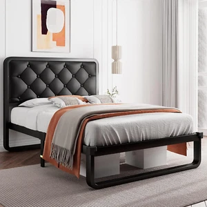 Twin Size Metal Bed Frame with Faux Leather Headboard, Curved Platform Bed Frame - Picture 1 of 7