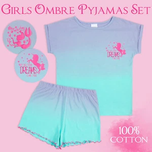 Girls Kids Short Pyjamas Short Sleeve PJs Set 100% Cotton Summer Gradient Design - Picture 1 of 13