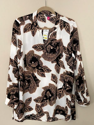 NWT Vince Camuto ~Womens Long Sleeve Blouse Tunic White Black Tan Floral sz L - Image 1 of 4