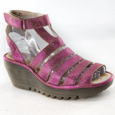 FLY LONDON Yeba Peep Toe Metallic Leather Wedge Ankle Strap Sandals Pink SZ 37 7 - Image 1 of 4