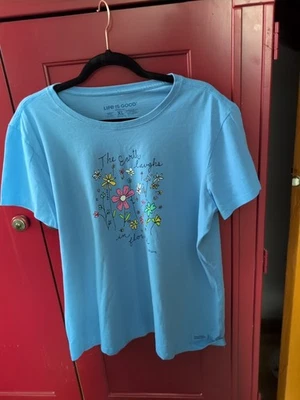 Camiseta para mujer Life Is Good azul manga corta XL con flores Al Foto 1 de 4