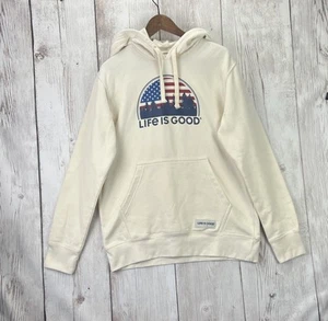 Life is Good Patriotic American Landscape Flag Off-White Hoodie Mens Medium GC - Picture 1 of 13