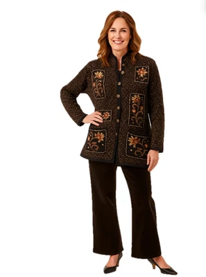 Coldwater Creek Womens Shetland Wool Fair Isle Floral Embroidered Knit Cardigan - Image 1 of 4