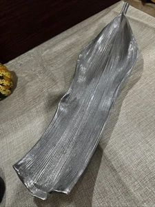 Vintage Pewter Or Silver Color Metal Leaf Shaped Dish 20”long  (112) - Picture 1 of 8