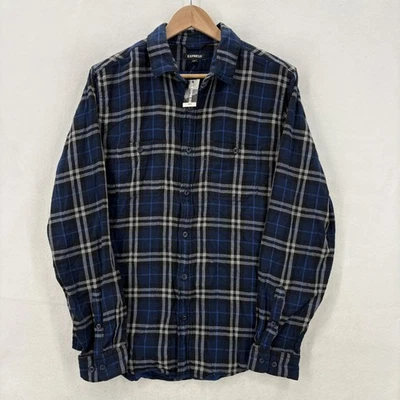 Camisa Express Para Hombre Mediana Azul Negra Franela a Cuadros Botón Delantero Manga Larga Nueva con Etiquetas Foto 1 de 4