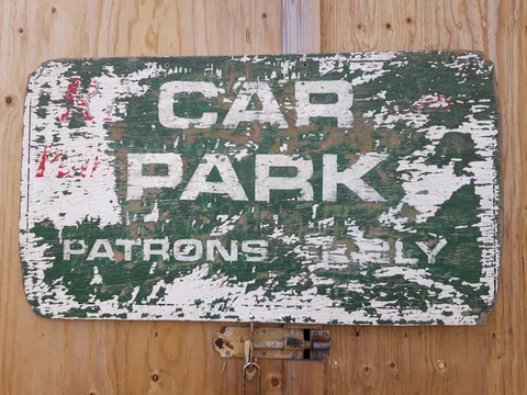 FANTASTIC ORIGINAL VINTAGE  HAND PAINTED WOOD SIGN ADVERTISING carpark Cover