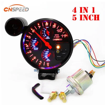 5'' 4 In 1 Tachometer Rpm Meter With Shift Light Water Oil Temp Oil Press Gauge - Image 1 of 4