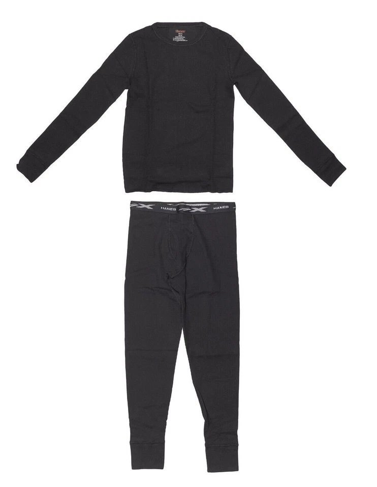 Large Black Hanes X-Temp Boys Thermal Rib Knit Set Includes Top & Bottom