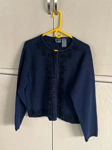 LADIES LIZ WEAR CARDIGAN WITH ZIPPER DENIM BLUE BLACK BEADING LARGE EXQUISITE - Picture 1 of 2