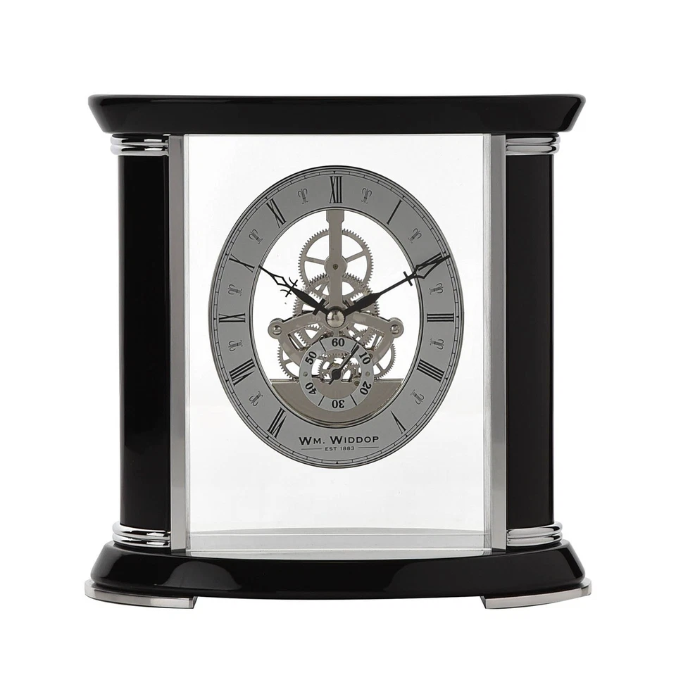 Mantel Clock Wooden Piano Finish Skeleton Movement Quartz William Widdop W2658