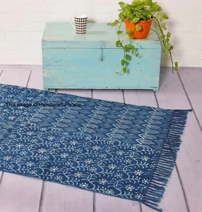 Indian Hand Block Print Carpet Hand Loomed Cotton Kilim Reversible Rug 90x150cm - Picture 1 of 30