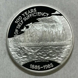 1885-1985 Falkland Islands 25 Pounds Huge .925 Silver Proof Coin Ship Boat SS GB - Picture 1 of 2