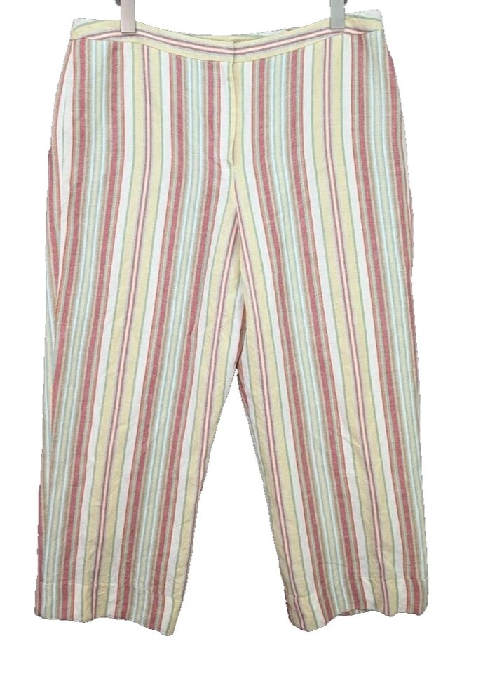 Pantalones capri de lino Larry Levine a rayas pierna recta tiro alto preppy para mujer 14 Foto 1 de 4