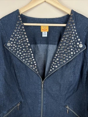 Ruby Road 20W Denim Jacket Rivet Studded Lapel Zip Up Blue Jean Coat Plus Size - Image 1 of 4