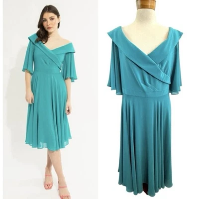 Joseph Ribkoff Size 16 AU XL 14 US Turquoise Blue Aqua Jersey Wide V Neck Dress - Image 1 of 4