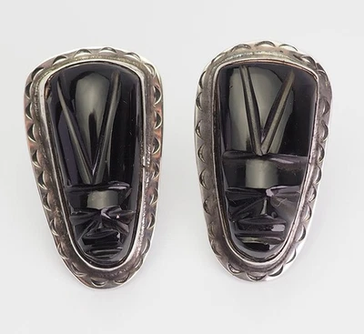 Orecchini Vintage In Argento Sterling Con Maschera In Onice Nero Grande Messico - Immagine 1 di 4