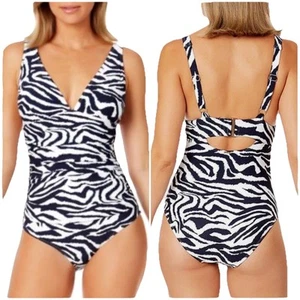 ANNE COLE Women's V-Neck Shirred One-Piece Zebra Print Swimsuit One Piece Sz 10 - Picture 1 of 10