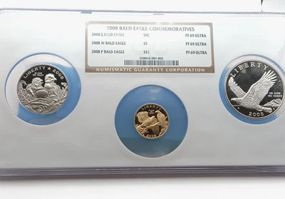 2008 Bald Eagle 3 Coin Proof Set $5 Gold + Silver Dollar + Half Dollar NGC PF69 - Image 1 of 4