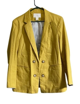 H Halston Mustard Yellow Linen Blend Open Front Blazer Large Minimal Lagenlook - Image 1 of 4