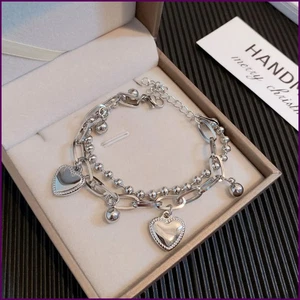 Ins Double-layers Korean Heart Tassel Bracelets for Women Sliver Love Thick - Picture 1 of 23