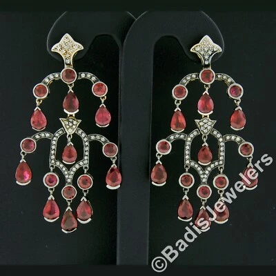18k Two Tone Gold 17.48ct GIA Pear Ruby & Diamond Large Drop Chandelier Earrings - Image 1 of 4