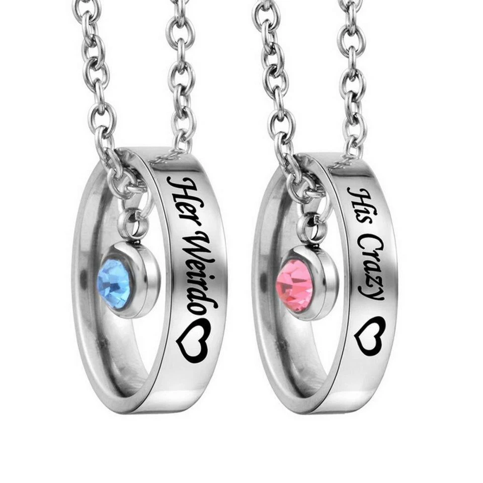 MJartoria Rhinestone Her Weirdo His Crazy Heart Engraved Ring Pendant Couple Set