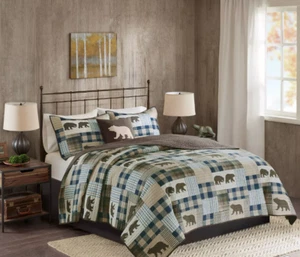 Woolrich Blue Brown Plaid Bear Lodge Cabin 4pc Quilt Set Coverlet Full Queen - Picture 1 of 3