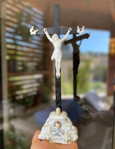 Antique French Jesus Vieux Paris porcelain wood cross crucifix religious Angel⭐ - Picture 1 of 10