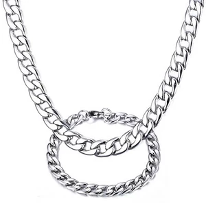 Men's High Polished Stainless Steel Cuban Curb Link Chain Bracelet Necklace Set - Picture 1 of 6