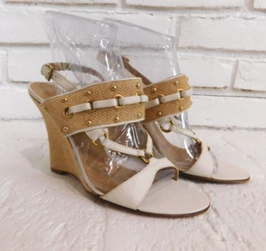 VALENTINO ANKLE STRAP WEDGE SANDALS SIZE EU 38 US 7.5 IVORY LEATHER HEELS STUDS - Picture 1 of 13