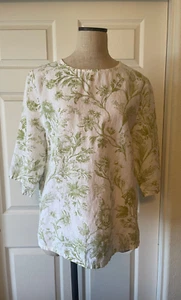 Hot Cotton Woman Plus White Green Floral Print Linen Cotton 3/4 Sleeve Top - 1X - Picture 1 of 7