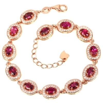 NATURAL AAA PINK TOURMALINE OVAL & WHITE CZ STERLING 925 SILVER BRACELET 7-7.5" - Image 1 of 4